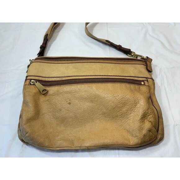 Fossil Explorer Leather Fold Over Crossbody Hobo Tote Shoulder Bag Tan - Picture 9 of 16